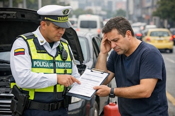 Un agente de tránsito colombiano con uniforme señala un documento en un portapapeles que sostiene un conductor preocupado junto a su auto con el capó abierto.