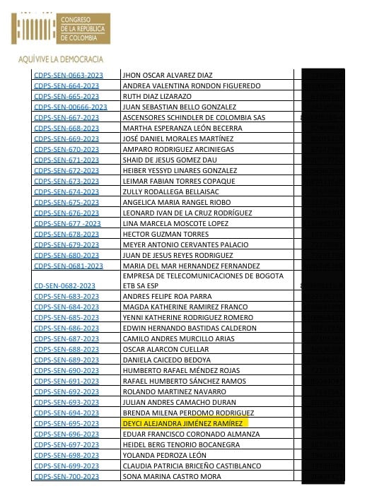 Registro oficial del proceso CDPS-SEN-695-2023 en las bases de contratación del Senado a nombre de Deyci Alejandra Jiménez - crédito Dapre
