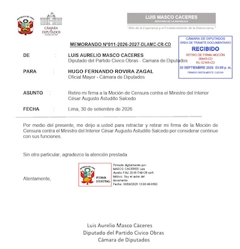 Documento oficial con sello de la Cámara de Diputados y la firma digital del diputado Luis Aurelio Masco Cáceres para solicitar el retiro de firma