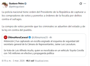 El primer mandatario ordenó a la Policía Nacional capturar a los compradores de votos y ponerlos a órdenes de la Fiscalía General de la Nación por delitos contra el sufragio - crédito @petrogustavo/X