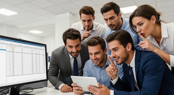 Seis compañeros de trabajo concentrados viendo una tableta en una oficina; dos hacen un gesto de silencio con el dedo en los labios.