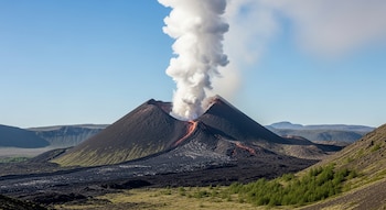 Volcán activo en un paisaje natural, una columna de vapor blanco sube desde el cráter hacia un cielo azul claro,