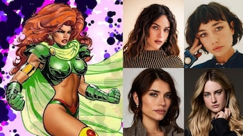 Ilustración a la izquierda de Maxima con cabello rojo y armadura verde; a la derecha, cuatro retratos de mujeres jóvenes, cada una mirando al frente