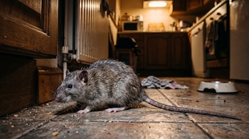 Una rata de pelaje pardo y cola larga sobre el suelo embaldosado de una cocina, con muebles de madera y un comedero al fondo.