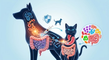 Ilustración de un perro y un gato mostrando sus sistemas digestivos con diferentes microorganismos. Una jeringa inyecta elementos en el perro que benefician al gato.