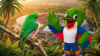 Un ave barrancolí y la mascota Colí, con un fondo de estadio y palmeras al atardecer en República Dominicana.