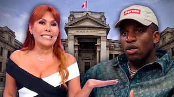 Magaly Medina a la izquierda, un hombre con gorra beige a la derecha y el Palacio de Justicia de Lima al fondo.