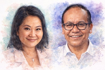 Retrato en acuarela de Keiko Fujimori con chaqueta rosa y Roberto Sánchez con camisa blanca, ambos sonriendo frente a un fondo difuminado y colorido.