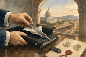Manos con traje colocando un avión de papel en una carpeta junto a un documento con escudos de Estados Unidos y México frente a un ventanal.
