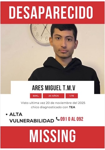 Cartel de búsqueda de Ares Miguel Tiziano, difundido tras su desaparición el 20 de noviembre de 2025 en Zaragoza (Foto cortesía Xiomara Valdivia).