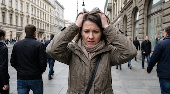 Plano medio de una mujer con abrigo color caqui y bufanda, agarrándose la cabeza con ambas manos y frunciendo el ceño en una vereda urbana con gente y edificios.