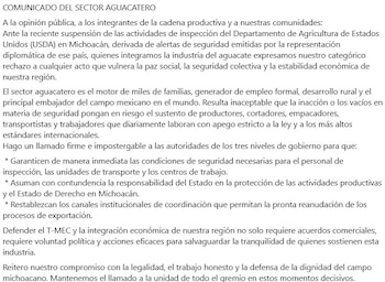 Comunicado del sector aguacatero.