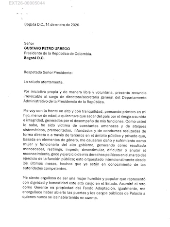 Carta de renuncia de Angie