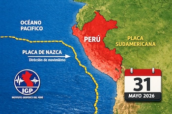 Mapa que muestra Perú en rojo junto al Océano Pacífico, con las placas de Nazca y Sudamericana delimitadas. Incluye logo del IGP y fecha 31 de mayo de 2026.