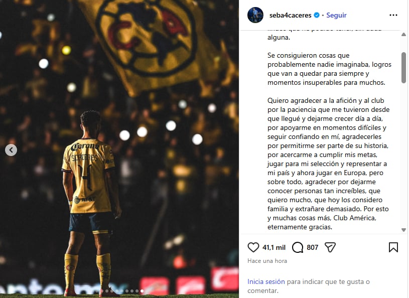 Cáceres se despide de la institución azulcrema con un mensaje cargado de emotividad y agradecimiento por todos los buenos momentos vividos en México. (Instagram/ @seba4caceres)