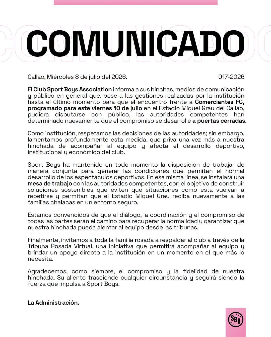 Comunicado de Sport Boys tras negativa de garantías en duelo de la Copa de la Liga 2026. Crédito: Prensa SBA