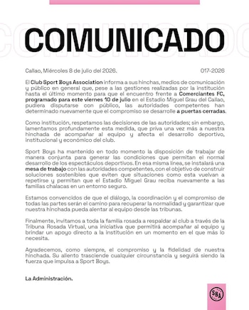 Comunicado de Sport Boys tras negativa de garantías en duelo de la Copa de la Liga 2026.
