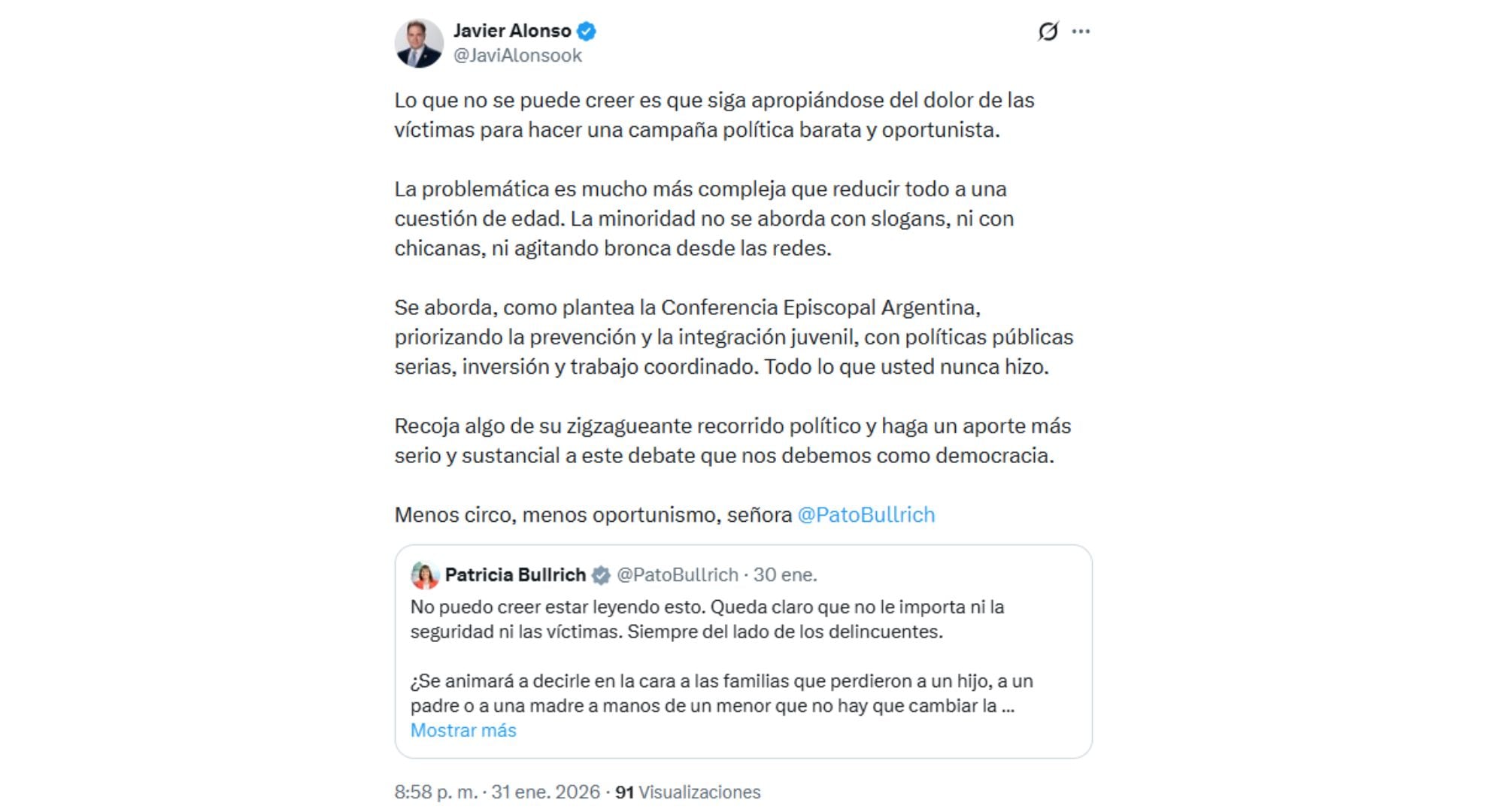 El descargo de Javier Alonso, luego del posteo de la senadora libertaria