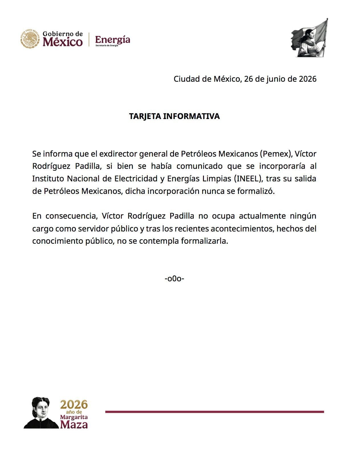 Una tarjeta informativa de la Secretaría de Energía de México señala que Víctor Rodríguez Padilla no formalizó su incorporación al Instituto Nacional de Electricidad y Energías Limpias. (X: INEEL)