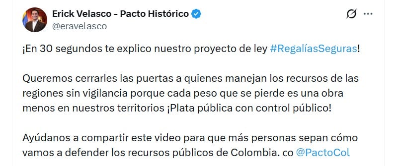 El representante sostiene que los recursos de regalías deben permanecer bajo mecanismos de vigilancia pública para reducir los riesgos de desviación - crédito @eravelasco/X