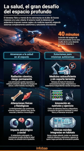 Infografía detallando los desafíos de salud en el espacio profundo y las soluciones autónomas requeridas, mostrando una nave espacial, Tierra y Marte, y varios íconos ilustrativos.