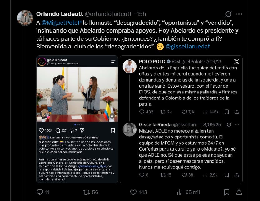Orlando Ladeutt recordó que Liliana Gissella Rueda Flórez llamó a Miguel Polo Polo “desagradecido”, “oportunista” y “vendido” antes de sumarse al Gobierno de Abelardo de la Espriella - crédito X