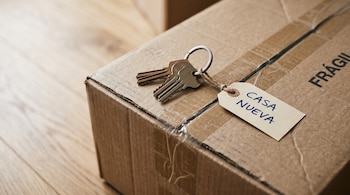 Un juego de llaves con la etiqueta Casa Nueva reposa sobre una caja de cartón cerrada encima de un suelo de madera.