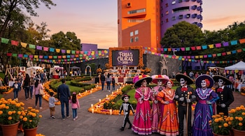 Personas maquilladas como calaveras con trajes tradicionales posan en un jardín decorado con flores de cempasúchil y papel picado.