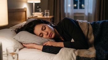 Una mujer de cabello oscuro duerme acostada en una cama apoyada sobre una almohada a rayas en una habitación nocturna.