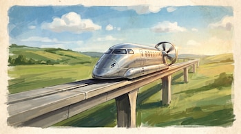 Ilustración de un tren plateado y aerodinámico con una hélice grande en la parte trasera, avanzando por una vía elevada sobre campos verdes y ondulados.