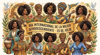 Ilustración de diez mujeres afrodescendientes, con atuendos variados, peinados afros, instrumentos musicales, flores y una bandera con el texto del 25 de julio.