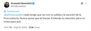 La respuesta de Armando Benedetti