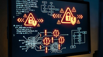 Primer plano de una pantalla de computadora negra que muestra líneas de código blanco, diagramas de flujo y múltiples símbolos de advertencia y candados rojos/naranjas.