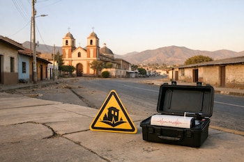 Sismógrafo abierto y señal triangular amarilla de alerta sísmica en una vereda con grietas; al fondo, una iglesia y casas bajas en una ciudad peruana.