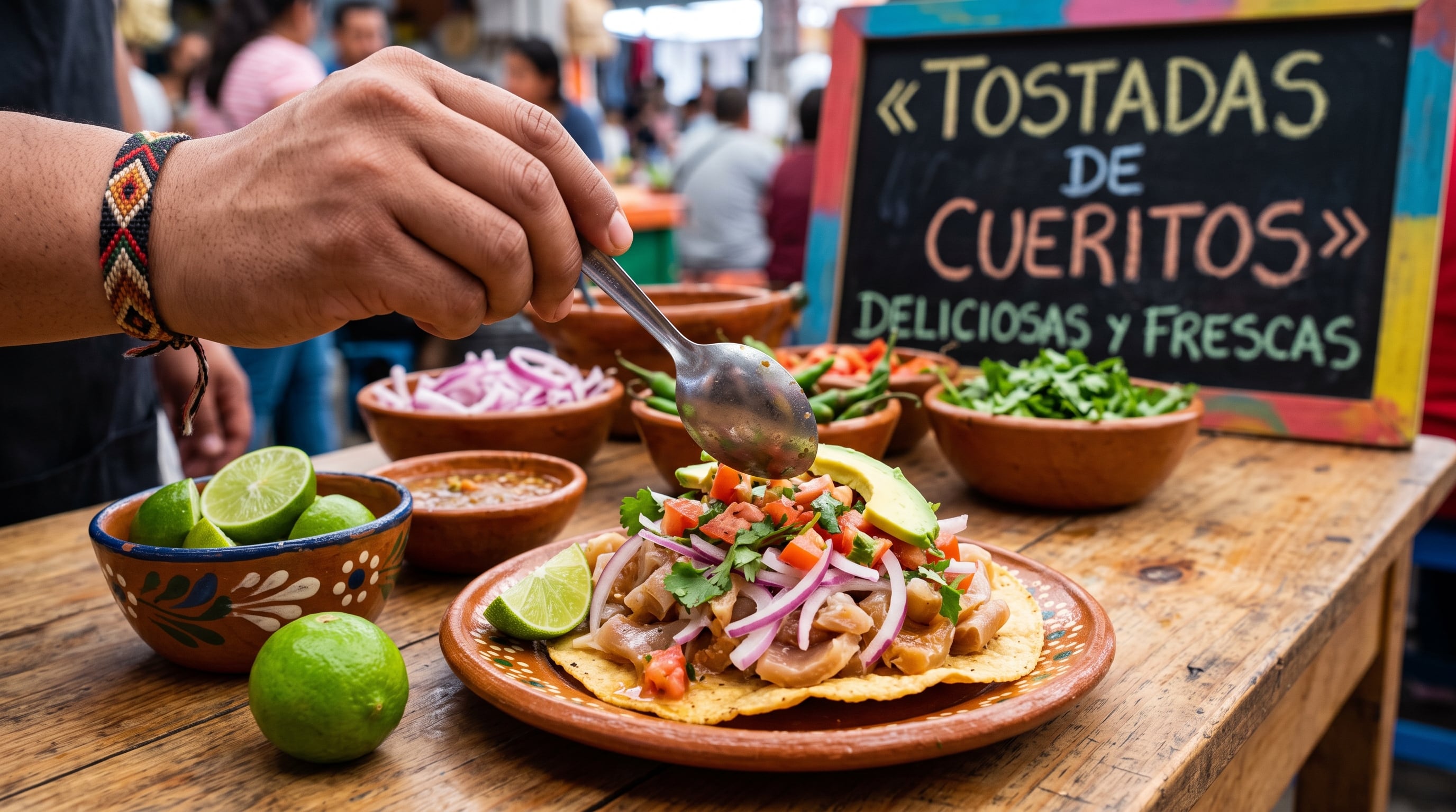 Una persona sirve los ingredientes sobre una tostada de maíz con cueritos de cerdo macerados, cebolla morada, tomate, cilantro y aguacate. (Imagen Ilustrativa Infobae)