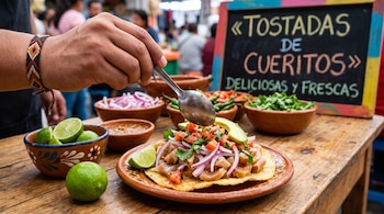 Mano que usa una cuchara sobre una tostada de cueritos con cebolla, tomate y aguacate, rodeada de cuencos con limones y un cartel.