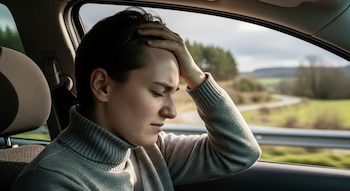 Persona joven en un asiento de coche, con la mano en la frente y los ojos cerrados, suéter gris y paisaje verde borroso visible a través de la ventanilla.