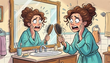 Dibujo de una mujer con expresión de pánico en un baño, mirando su cepillo de pelo lleno de cabello suelto frente a un espejo rectangular dorado