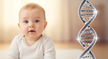 Imagen fotorealista de un bebé sentado con ojos azules, mirando al frente, y una estructura 3D de una doble hélice de ADN a su derecha.