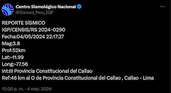 Reportan sismo con epicentro en Callao la noche del sábado 4 de mayo.