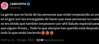 En 2023, Karol G cuestionó a las personas que se burlan de quienes inician su proceso en el gimnasio - crédito @karolg/X