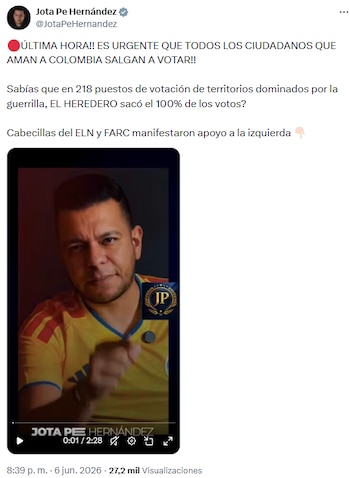 Jota Pe Hernández cuestionó resultados y advirtió sobre prácticas ilegales en los comicios en López de Micay - crédito @JotaPeHernandez/X