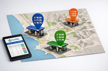 Mapa de Perú con tres gasolineras en miniatura, cada una con un marcador de precios. Una tableta con el logo Facilito está en primer plano a la izquierda.