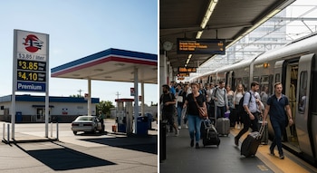 Imagen dividida: a la izquierda, una gasolinera con un letrero de precios y un auto; a la derecha, una estación de tren llena de gente subiendo o bajando de un vagón.