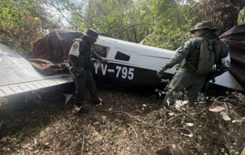 Dos hombres uniformados inspeccionan una avioneta blanca y negra con matrícula YV-795, parcialmente cubierta por una lona, en un denso bosque