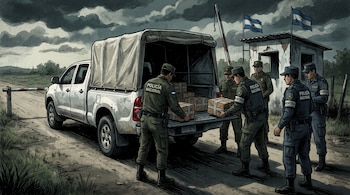 Ilustración de una camioneta blanca en un puesto de control fronterizo con seis policías uniformados que retiran paquetes rectangulares del área de carga.