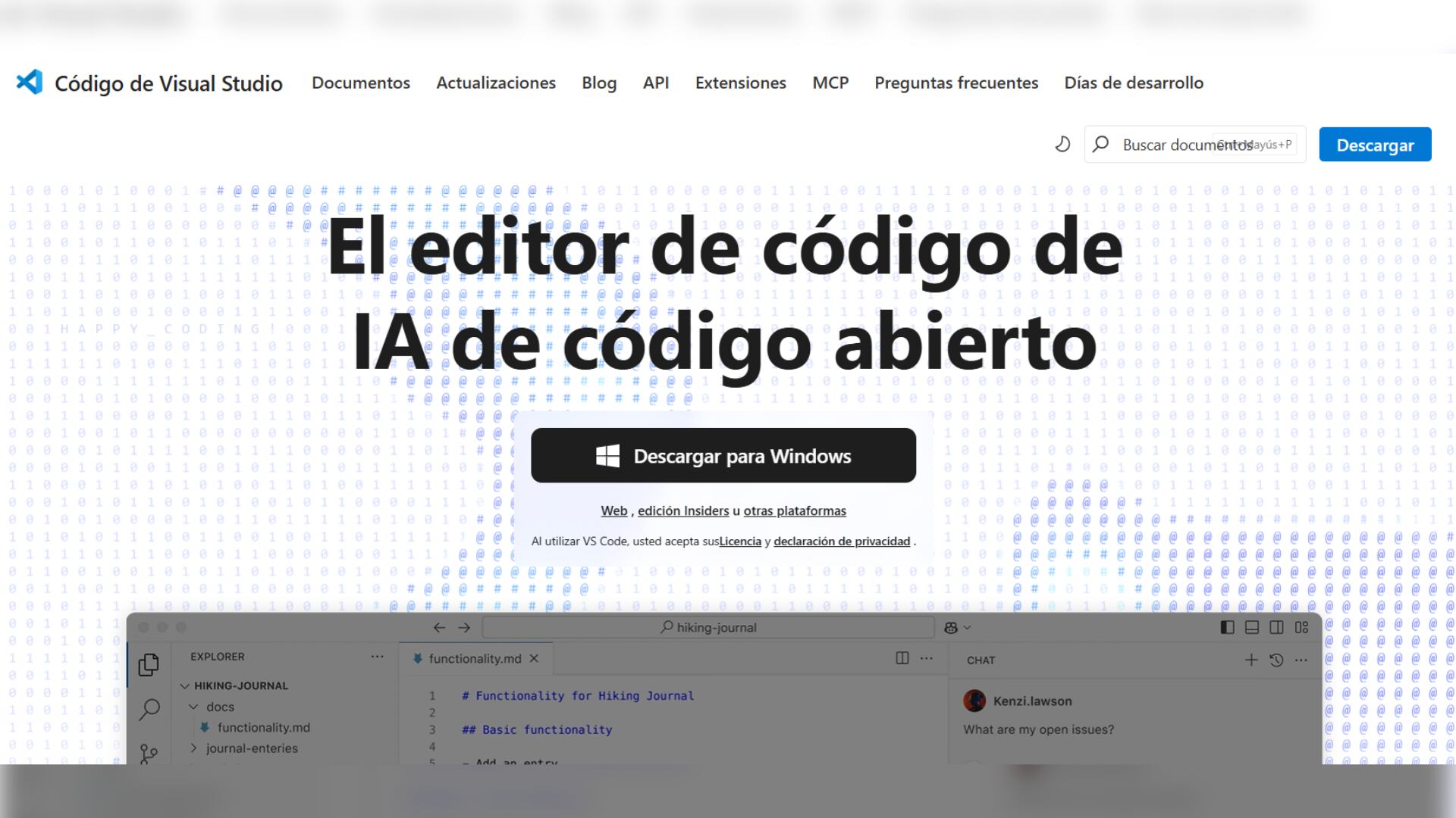 Visual Studio Code es un editor de código abierto ampliamente utilizado.
(code.visualstudio.com)
