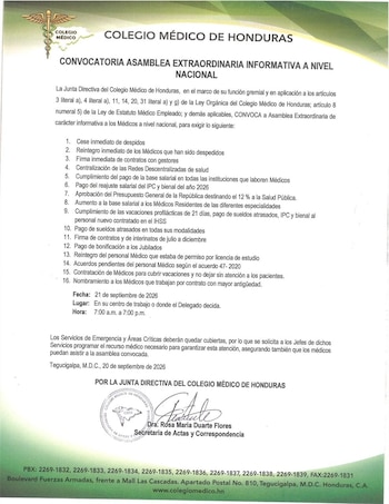 El CMH exige el cese de los despidos, el reintegro de médicos separados, la firma de contratos e interinatos y el pago de salarios atrasados.