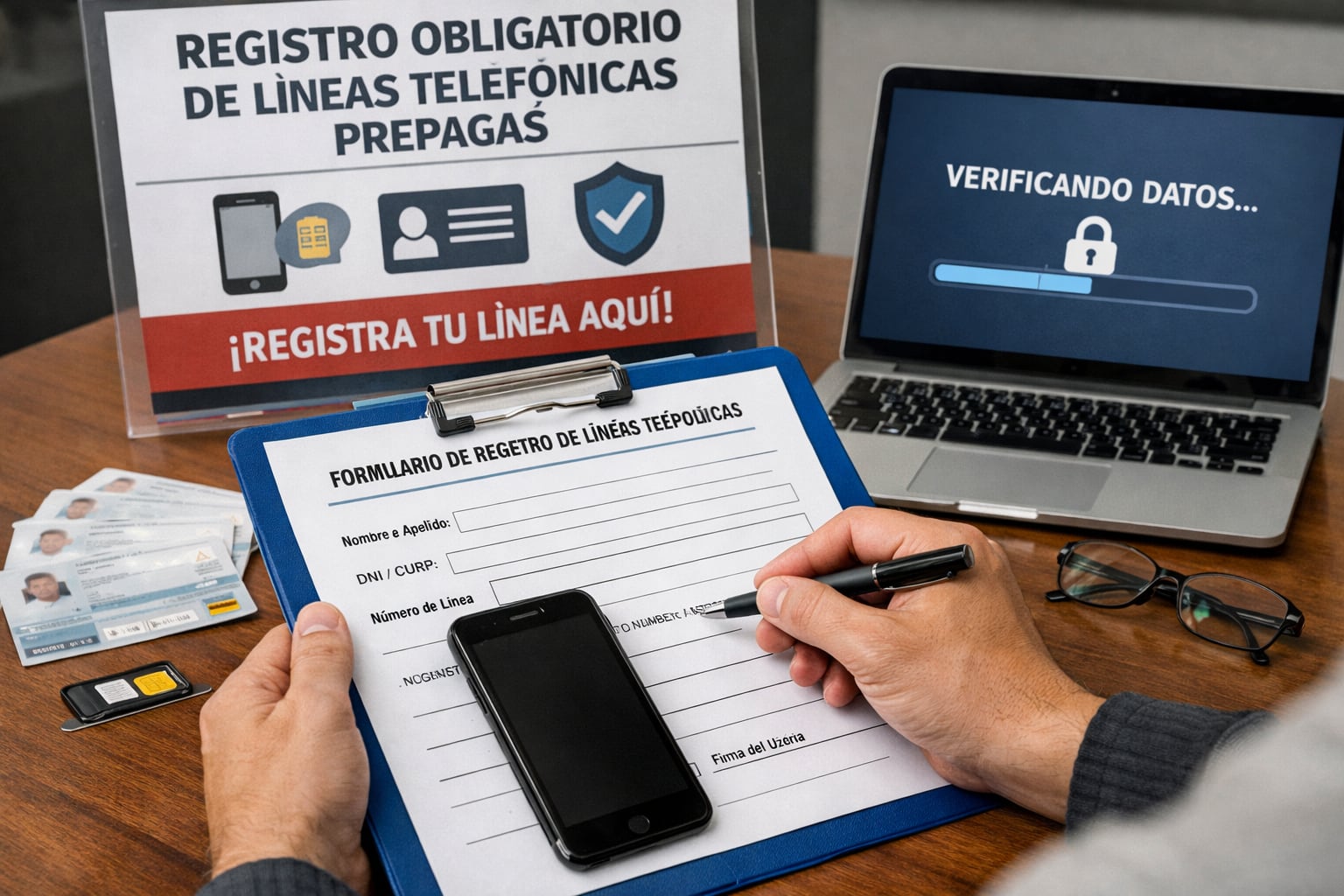 Una persona completa el formulario para el registro obligatorio de líneas telefónicas prepago, mientras una laptop muestra el proceso de verificación de datos para garantizar la seguridad. (Imagen Ilustrativa Infobae)