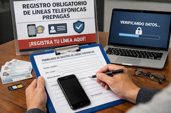 Vista aérea de manos llenando un formulario para el registro de líneas telefónicas prepago con un bolígrafo, junto a un smartphone, IDs, un portátil y un cartel informativo.